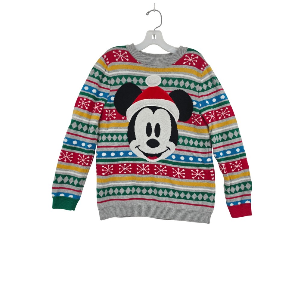 Disney Mickey Mouse Kids Holiday Fair Isle Sweater Santa Hat Size 7/8 Preppy